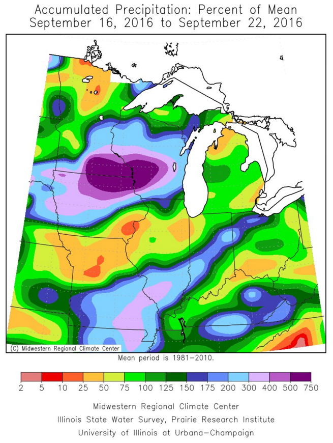 Climate Signals Map 7day rainfall percent of normal, Sept 16 22, 2016