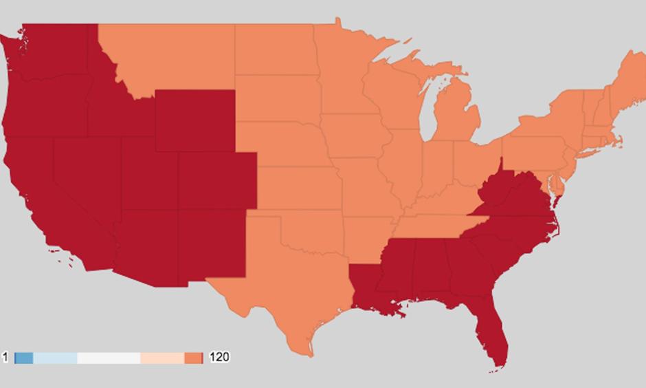 Temperature rankings for the contiguous U.S. during the past 48 months. Image: NOAA/NCEI