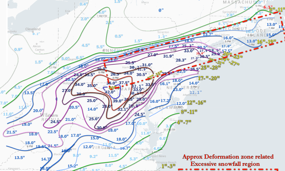 The general area where snowfall was significantly greater than originally forecast called for is outlined in the dashed line / rectangular box – and corresponds to the storm systems deformation zone.