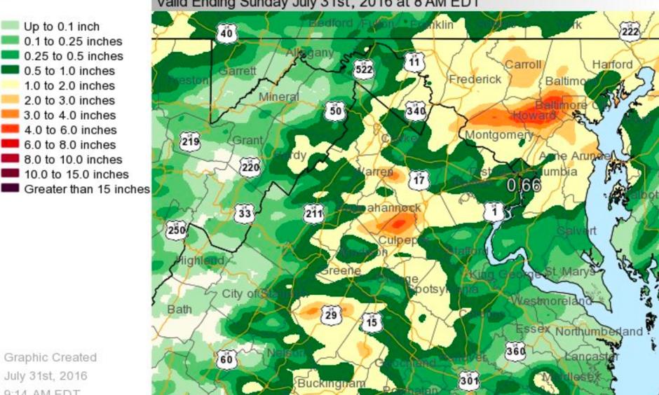 24-hour rainfall amounts through 8 am EDT Sunday, July 31, 2016, in the Washington-Baltimore area. Image: NWS DC/Baltimore