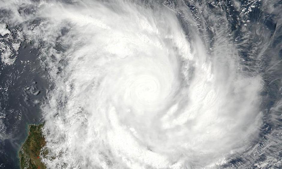 Visible MODIS image of Enawo taken at 10:24 UTC (5:24 am EST) Tuesday March 7, 2017. At the time, Enawo had just made landfall over northeast Madagascar as a Category 4 storm with 145 mph winds. Image: NASA