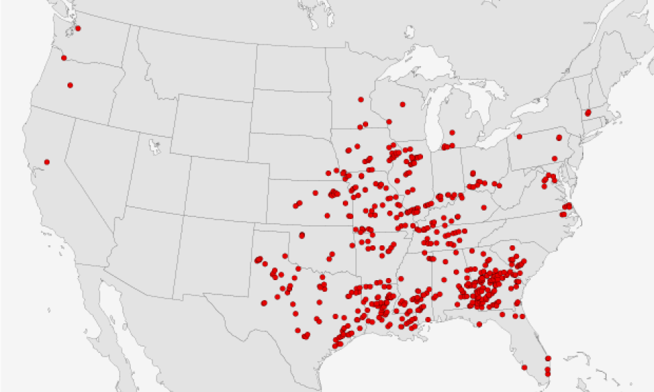 2017 year-to-date tornado reports (January1 - April 26). Map by climate.gov from Storm Prediction Center data. Image: NOAA Climate.gov SPC