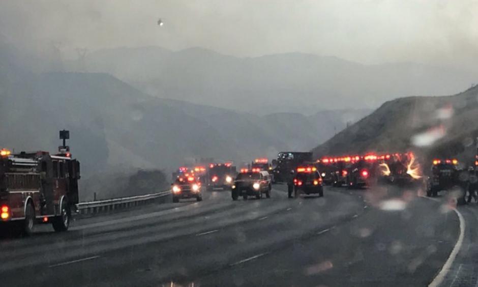 Rain falls after lightning strikes sparked fires on Interstate 5. Photo: L.A. County Sheriff's Department