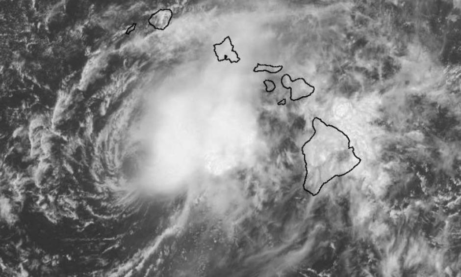 Visible satellite image of Tropical Storm Lane at 6:15 pm EDT (12:15 pm HST) Saturday, August 25, 2018. Credit: NASA/MSFC Earth Science Branch