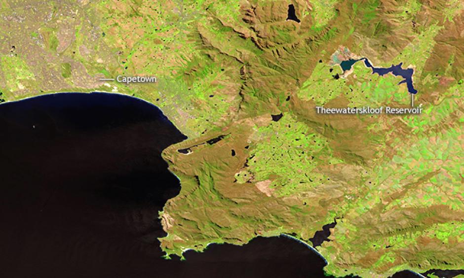 Three years of below-average rain has had a big impact on reservoirs around Cape Town, South Africa. Water levels in the Theewaterskloof reservoir have drastically fallen. Image: USGS GloVis.