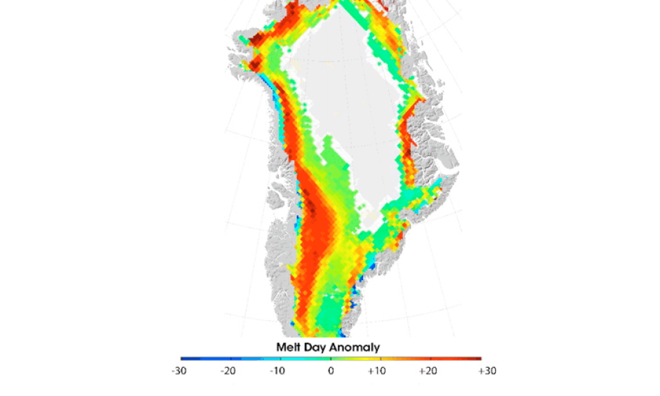 Difference between the number of melt days in 2011 and the average number of melt days during the period 1979 - 2010. Large sections of the island experienced twenty more days with melting conditions than average. Image: Arctic Report Card