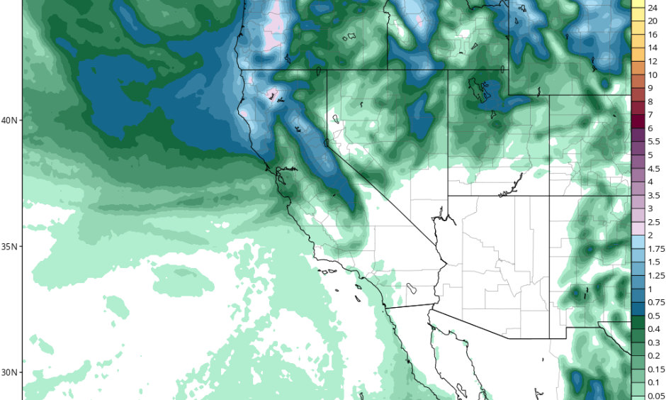 A forecast for April 21 through 25 showing substantial precipitation accumulations north of San Francisco but virtually nothing in SoCal. Image: NCEP via tropicaltidbits.com