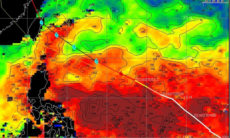 Ocean heat content for Super Typhoon Nepartak, July 5, 2016. Image: University of Wisconsin/CIMSS