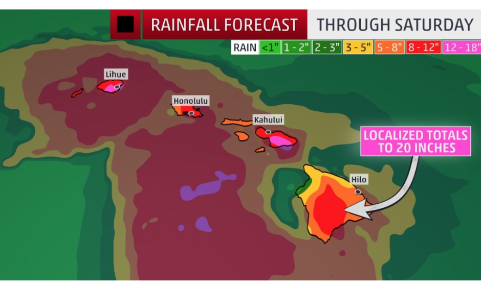 This should be interpreted as a broad outlook of where the heaviest rain may fall and may shift based on the forecast path of the tropical cyclone. Higher amounts may occur where bands of rain stall over a few hours or in mountainous locations. Credit: The Weather Channel