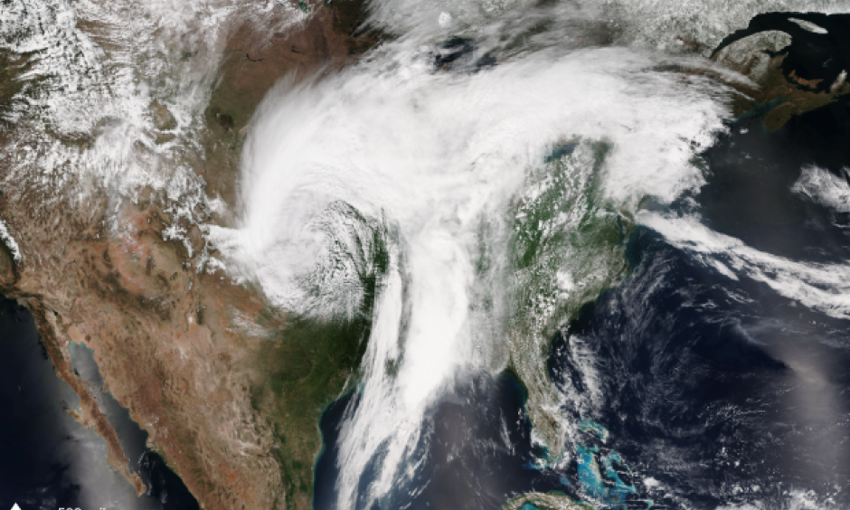 NOAA/NASA Suomi NPP satellite image take on April 30, 2017 using the VIIRS instrument. A sprawling storm system was moving east across the country bringing severe weather, tornadoes and hail to the eastern Plains and Missouri Valley and blizzard conditions to the western Great Plains. Photo: Climate.gov