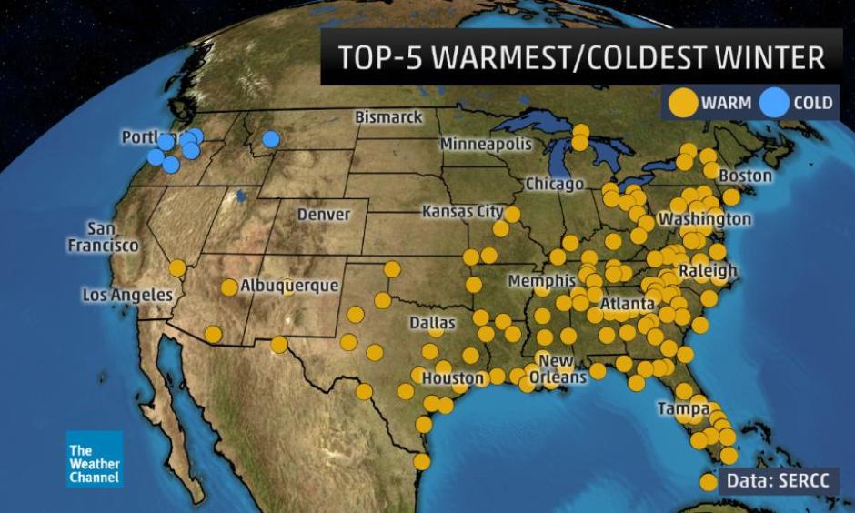 The dots in orange indicate a top-5 warmest winter (December-February) and the dots in blue are where winter was a top-5 coldest. Image: Southeast Regional Climate Center