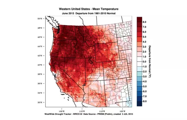 This chart of the West Coast of the United States reflects the June 2015 temperature departure from normal. Photo: WestWide Drought Tracker, Western Region Climate Center and University of Idaho