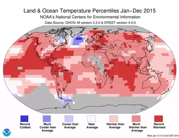 January–December 2015 land and sea surface temperature percentiles. Darkest blue shows regions experiencing "record coldest" temperatures. Darkest red shows "record warmest." Image: NOAA