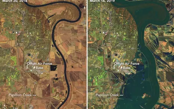 In the wake of an intense winter storm, historic floods have broken out across the central United States. By mid-March, several streams and rivers had risen to all-time record levels in Nebraska, Iowa, South Dakota, and Wisconsin. Photo: Joshua Stevens NASA Earth Observatory and the U.S. Geological Survey