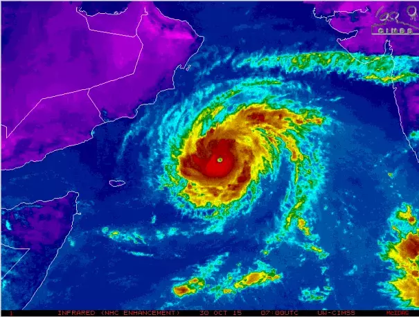 Cyclone Chapala spins over the Arabian Sea, headed towards a landfall in Yemen or Oman. Image: UW CIMSS