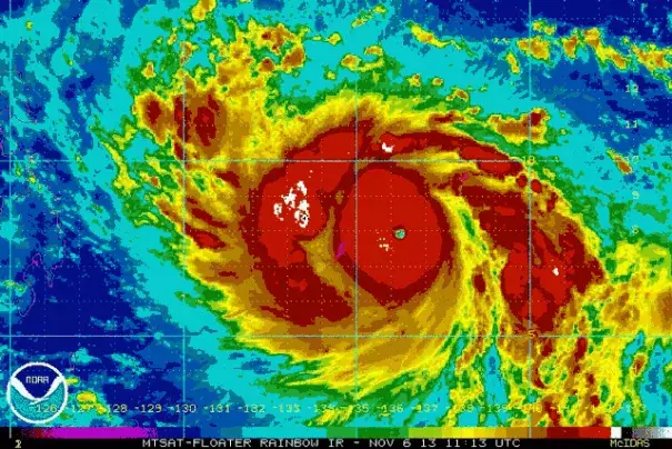 Satellite animation of Supertyphoon Haiyan, also known as Yolanda in the Philippines, as it moves westward on November 6. Image: NOAA