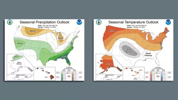 Winter outlook forecast by the National Weather Service. (Credit: NOAA via Axios)