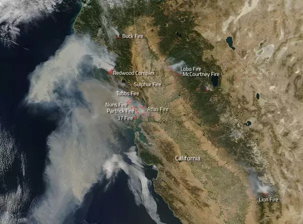 Imagery from NASA’s Earth-orbiting satellites showing vast extent of North Bay Fires earlier in October 2017. Image: NASA