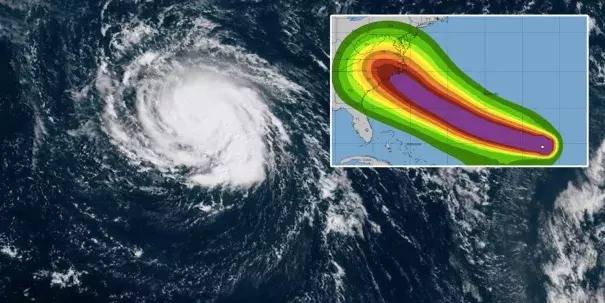 Hurricane Florence seen over the Atlantic Ocean on September 9, and a NOAA map shows the probability of tropical-storm-force winds hitting the US East Coast between Sunday and Friday. Images: NOAA
