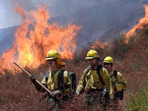 Firefighters battle the Blue Cut Fire along Swarthout Canyon Road in the Cajon Pass, north of San Bernardino, California, on Aug. 16, 2016. Photo: Will Lester, The Sun via AP