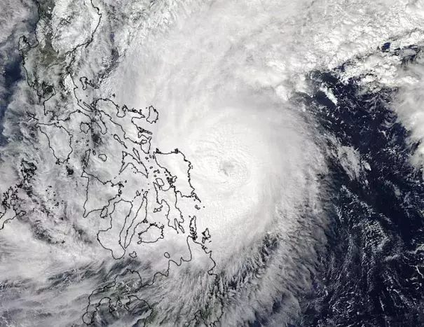MODIS satellite image of Typhoon Hagupit at 05:00 UTC on Saturday December 6, 2014. At the time, Hagupit was a Category 3 storm with 125 mph winds. Image: NASA