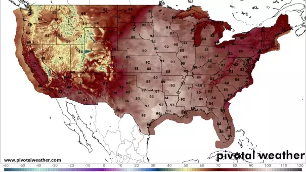 Map showing forecast high temperatures on Monday from the National Weather Service. (Credit: Pivotal Weather via Axios)