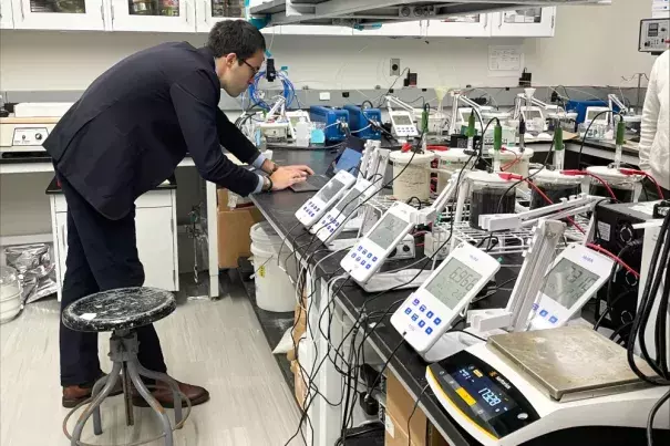 Alessandro Rotta Loria in his lab as he analyzes the heat data his sensors collected into a forecasting map of the Chicago Loop. (Credit: NBC News)