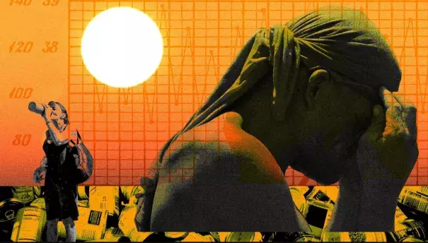 Photo illustration of a man overcome by heat and a woman drinking water under the sun.