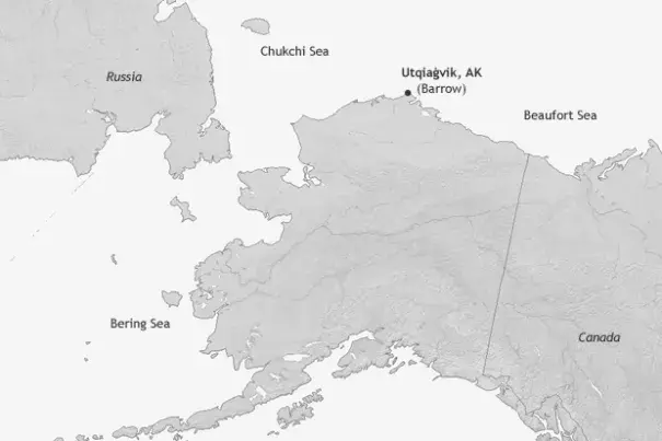 Point Barrow is the northernmost point in the United States. The town of Utqiaġvik, also referred to as Barrow, is one of the few locations in the northern part of the state with a relatively long temperature record. Image: NOAA Climate.gov