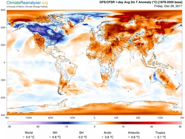 Departure of surface temperature from average for December 28, 2017. Areas in red and orange are not necessarily warm, but they are above the average for this time of year at that location. While the Northeast U.S. was experiencing near-record cold, the globe as a whole was 0.5 °C above average, thanks to global warming. Image: ClimateReanalyzer.org, University of Maine Climate Change Institute