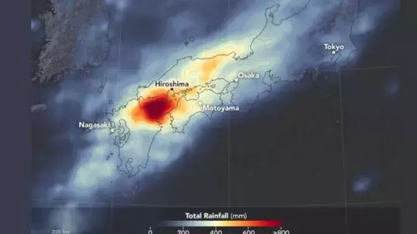 Extreme rainfall that occurred from July 2 to July 9, 2018 in southwestern Japan. Credit: NASA
