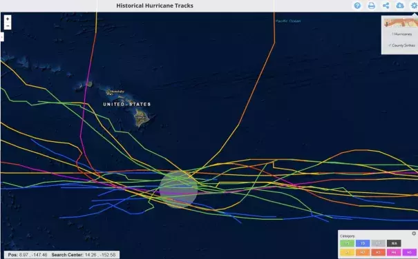 Tracks of the 17 named storms since 1950 within ~100 miles of #HurricaneLane's current position.  16 missed Hawaii by at least ~75 miles.  The 17th storm was #Hurricane Iniki which made landfall on Kauai as a Category 4. Credit: Philip Klotzbach, Twitter