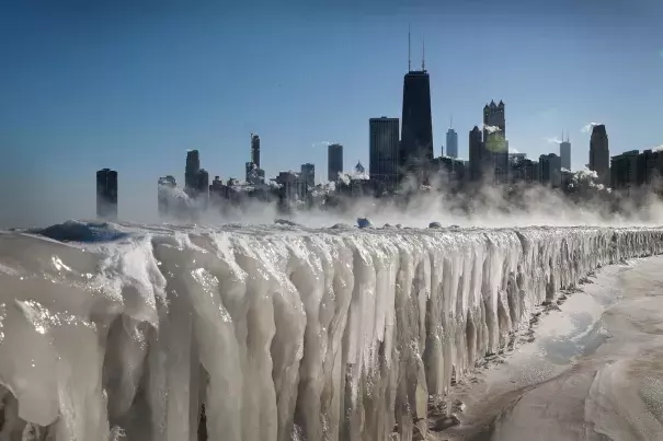Ice covers the Lake Michigan shoreline on Wednesday in Chicago. Photo: Scott Olson, Getty Images