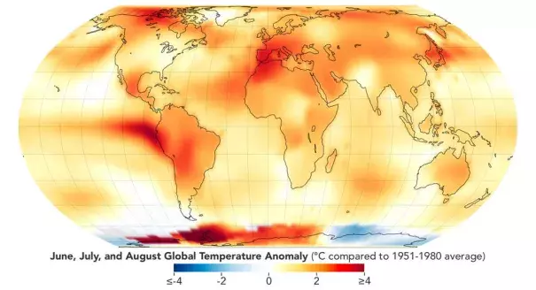 This map depicts global temperature anomalies for meteorological summer in 2023 (June, July, and August). It shows how much warmer or cooler different regions of Earth were compared to the baseline average from 1951 to 1980. (Credit: NASA Earth Observatory/Lauren Dauphin)