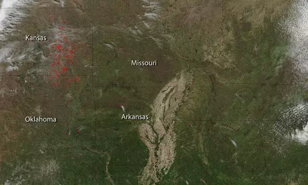 By far, the largest number of fires in this Suomi NPP satellite image are showing up in Kansas, but other fires are showing up as well in most states in the central United States. Photo: NASA