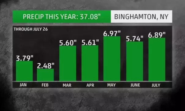 Precipitation totals by month this year in Binghamton, New York, through July 26. This includes rainfall and the liquid equivalent of melted snow. Image: The Weather Channel