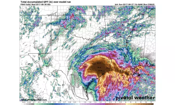 High-resolution NAM model projects an additional 15 to 30 inches of rain in Southeast Texas through Tuesday night. Image: Pivotal Weather.com