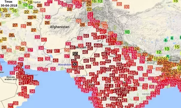 High temperatures over Pakistan and India on Monday, in Celsius. Image: ogimet.com via @EKMeteo on Twitter