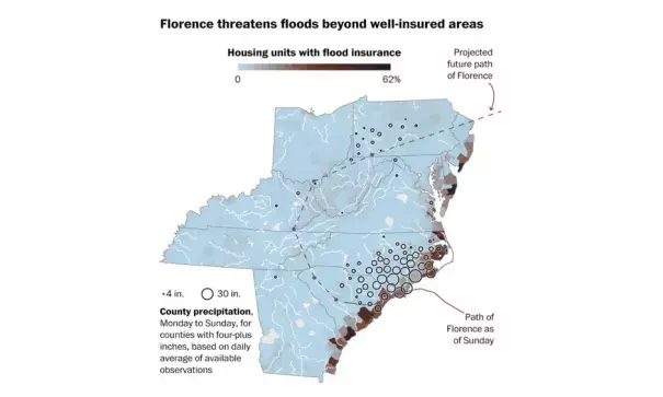 Note: An unknown but small share of flood-insurance policies are for commercial real estate. As a result, the figures may understate the rate of insured households. Sources: Federal Emergency Management Agency (insurance); NOAA (precipitation), Census Bureau's 2012-2016 American Community Survey (housing units). Image: Andrew Van Dam, The Washington Post