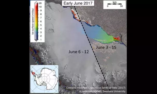Ice on the back end of the Larsen C crack is moving faster than it ever has before in another sign that calving is imminent. The images show ice shelf movement on the ocean side of the rift in early June (left) compared to late June (right). Image: Project MIDAS