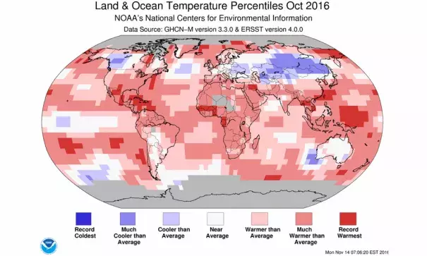 Departure of temperature from average by region for October 2016, the third warmest October for the globe since record keeping began in 1880. Image: NCEI