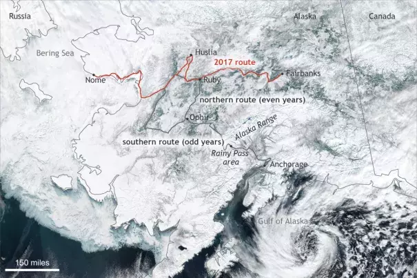 Alaska on March 1, 2017, with the traditional and alternate routes of the Iditarod race included. Image: Climate.gov based on visible and infrared data from the NASA/NOAA Suomi-NPP satellite.