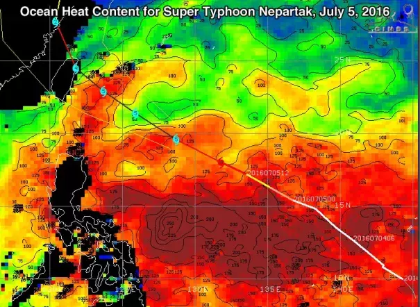 Ocean heat content for Super Typhoon Nepartak, July 5, 2016. Image: University of Wisconsin/CIMSS