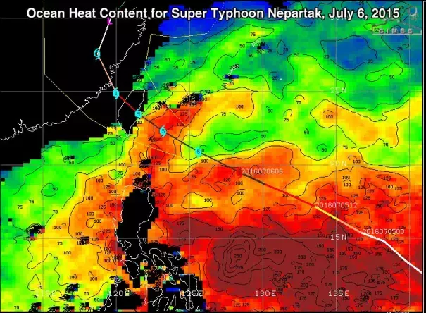 Total Ocean Heat Content (in kilojoules per square centimeter) on July 6, 2016. Image: University of Wisconsin/CIMSS
