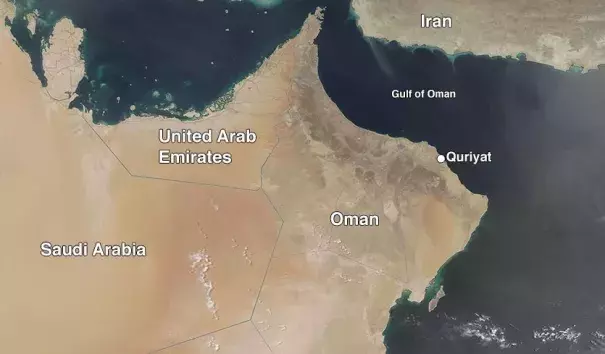 MODIS satellite image from June 26, 2018 shows clear weather over Oman on the day the 24-hour world high-minimum temperature record was set at Quriyat, Oman. Image: NASA