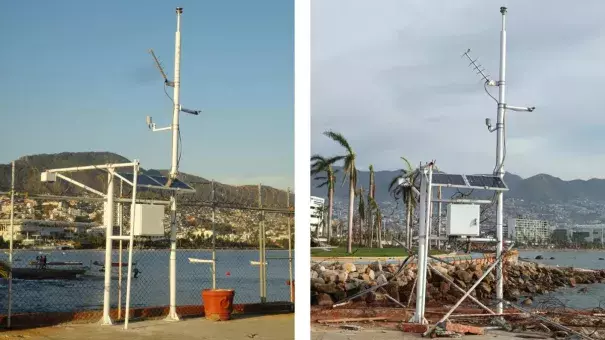 The instrument that took the 205-mph wind gust measurement in Hurricane Otis, seen before and after the storm. (Image credit: Servicio Mareográfico Nacional del Instituto de Geofísica)