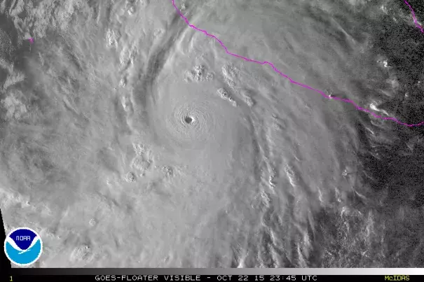 Visible satellite image of Hurricane Patricia close to nightfall, at 2345Z (7:45 pm EDT) Thursday, October 22. 2015. Image: NOAA and CIMMS/SSEC/University of Wisconsin