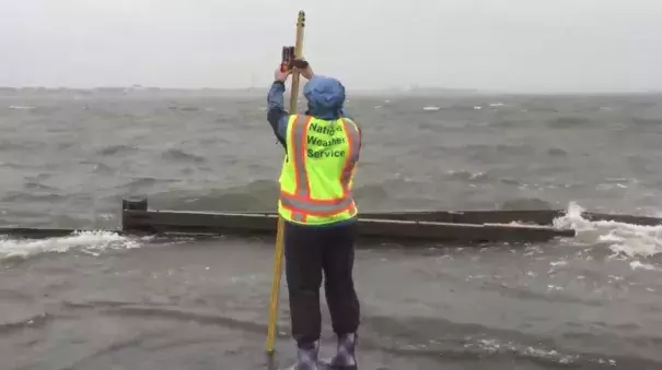 The National Weather Service conducts its first storm survey for Florence. They measured for evidence of storm surge from the Atlantic Intracoastal Waterway at Bogue Sound in Morehead City, North Carolina, Sept. 15, 2018. Photo: NWS Newport/Morehead