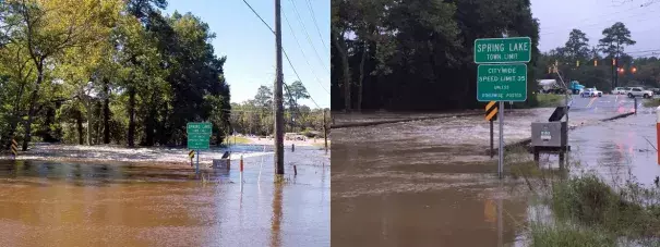 This USGS streamgage sits on the Little River in Spring Lake, North Carolina, and has recorded two record flood events in the past two weeks. The most recent flooding this week (left) was brought on by heavy rains from Hurricane Matthew and the streamgage measured the flood waters at almost 32 feet. The last flood event (right) was on September 29, when water levels went just over 31 feet, breaking the previous peak of 29 feet set in 1945. Photo: USGS