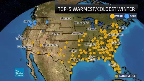 The dots in orange indicate a top-5 warmest winter (December-February) and the dots in blue are where winter was a top-5 coldest. Image: Southeast Regional Climate Center